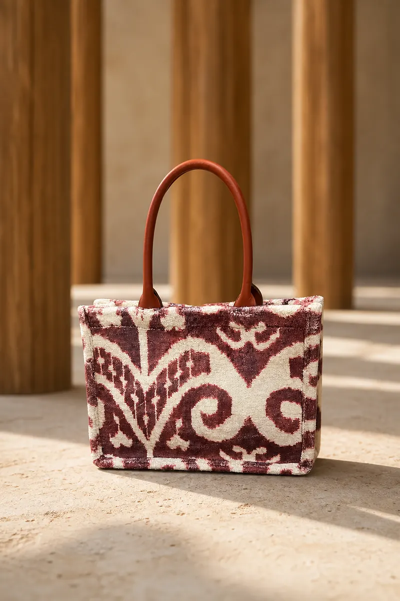 Kilim tote in a madder-dyed bordeaux and ivory ikat with rolled tan leather handles, on a sunlit travertine floor