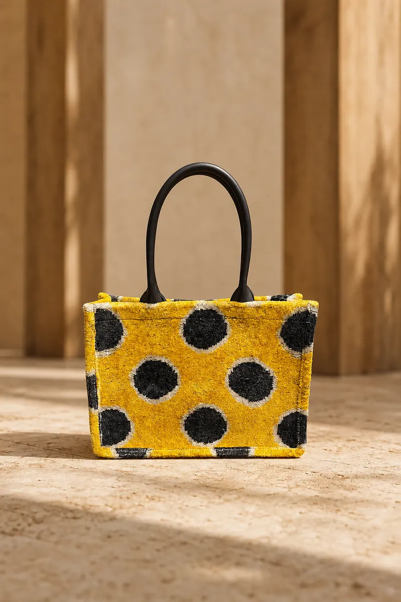 Kilim tote with charcoal dots on a saffron ground and rolled dark brown handles, on travertine beneath a wooden colonnade