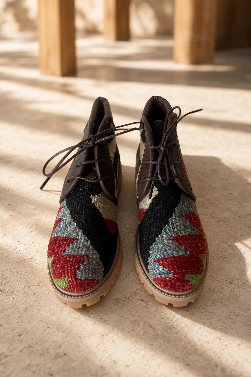 Kars lace-up kilim boot in a crimson and slate-blue zigzag with a black band over the vamp, on travertine