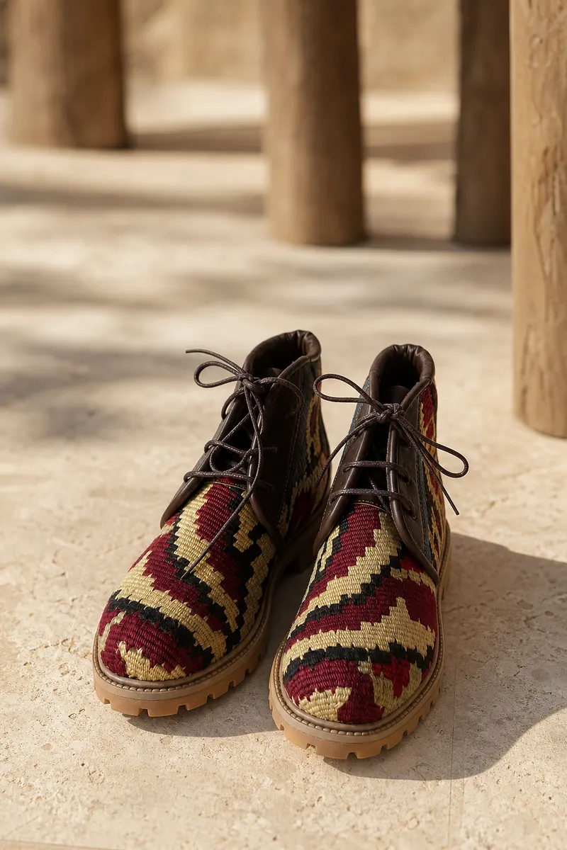 Kayseri lace-up kilim boot in stepped wine and ivory bands from a men's dowry rug, on travertine paving