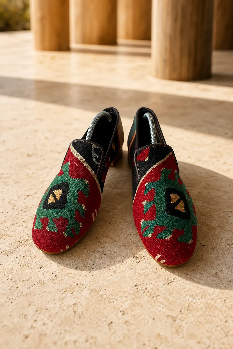 Milas slip-on kilim loafers in madder scarlet with an emerald hooked protection motif, on a sunlit travertine floor