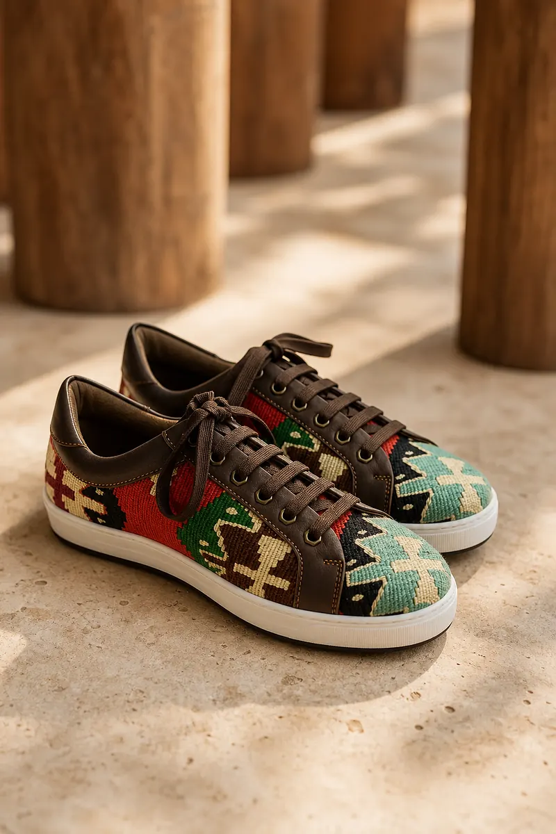 Aydın low kilim sneakers with turquoise and orange quarters on a white rubber cup sole, on travertine